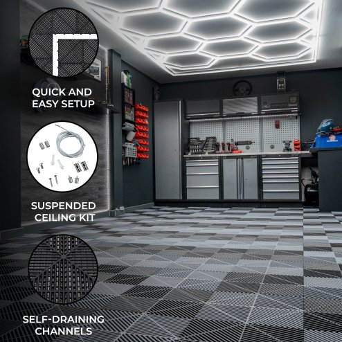 Vented Modular Interlocking Flooring Tiles 60 Black & 60 Grey With Edges & Hexagon LED Lighting 14 White Lights & Border 6500K 3 Mount Options & Suspended Ceiling Kit Single Garage Floor Mat 3.2m x 6m