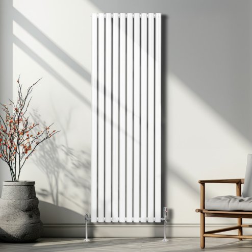 Oval Column Radiator 1800mm x 600mm & TRV Chrome Valves Modern Designer Double Panel Central Heating Heater White Steel Vertical Kitchen Living Room FREE Cleaning Brush Fixing Kit & Brackets
