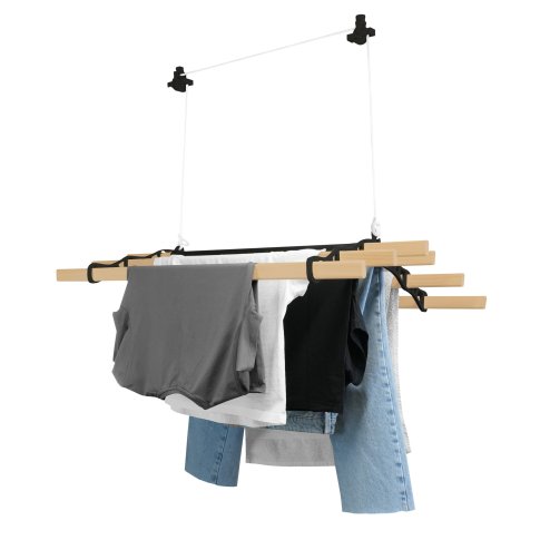 Clothes Airer Ceiling Pulley 6 Lath 0.9m Black Maid Traditional Mounted Clothing Dryer Victorian Clothes Horse Laundry Drying Rack Extendable Cast Iron Varnished Pine Kitchen Utility FREE Fixing Kit