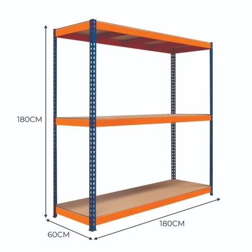 Garage Racking S-Rax Shelving Unit 3 Shelf 180cm x 180cm x 60cm Rack Heavy Duty Steel 300kg Capacity Per Shelf Adjustable Layout Boltless Assembly Rubber Feet 3 Reinforced Support Bars Warehouse