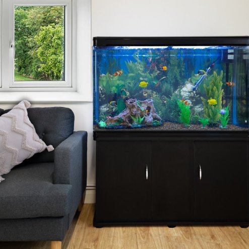 MonsterShop Fish Tank Aquarium & Starter Accessories, Black Cabinet, Natural Gravel, 300L 4ft