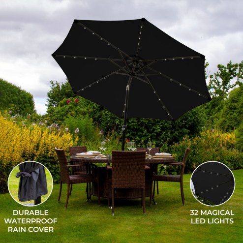 Black 2.4m LED Tilt Parasol Umbrella Garden Sun Shade Canopy Patio Outdoor 360 Rotation UV Protection Winding Crank Adjustable 32 Solar Power Lights Cool White 8 Ribs 5.5kg FREE Waterproof Rain Cover