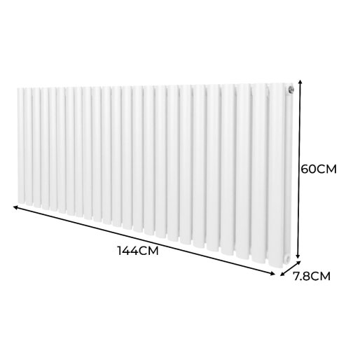 Oval Column Radiator 600mm x 1440mm & TRV Chrome Valves Modern Designer Double Panel Central Heating Heater White Steel Horizontal Kitchen Living Room FREE Cleaning Brush Fixing Kit & Brackets