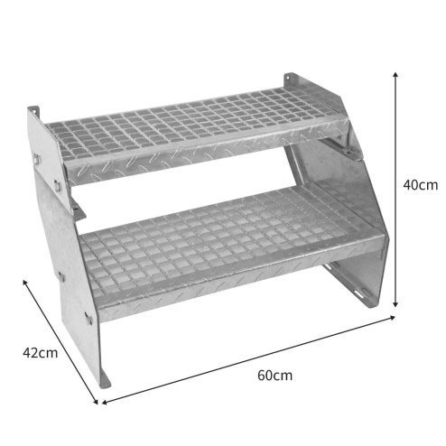 Metal Staircase 2 Section Adjustable Height 60cm / 600mm Wide Galvanised Steel Silver 2 Steps Weatherproof Grate Step Outdoor Garden Patio Modular Stairs 5mm Rod Thickness FREE Fixing Kit