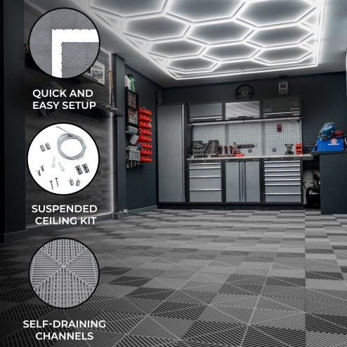 Vented Modular Interlocking Flooring Tiles x 225 Grey With Edges & Hexagon LED Lighting 28 White Lights & Border 6500K 3 Mount Options & Suspended Ceiling Kit Single Garage Floor Mat 6m x 6m 36m2