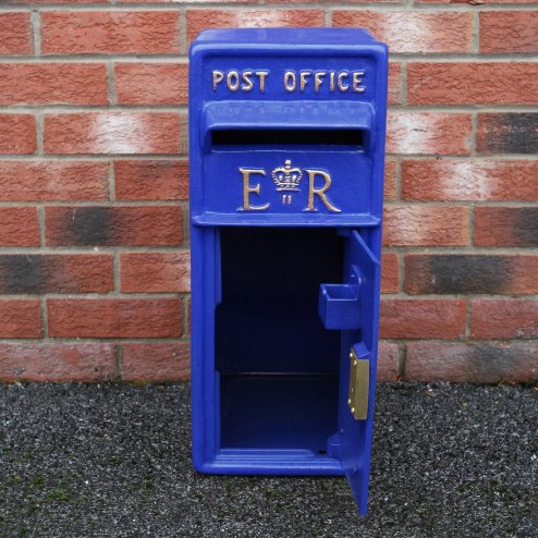 Royal Mail Post Box Scottish with Floor Stand ER Cast Iron Wall Mounted Wedding Authentic Pillar Replica Lockable Post Office Letter Box Blue