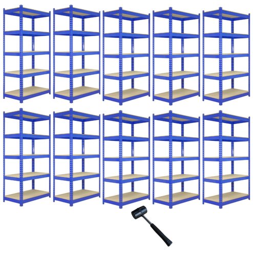 10 x Blue Racking Bay Unit 5 Tier Heavy Duty Steel Metal 200kg capacity Per Shelf Garage Shelves Storage Warehouse Shed Workshop Boltless Shelving 120 x 50 x 180cm Free Rubber Mallet