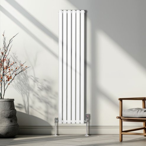 Oval Column Radiator 1600mm x 360mm & TRV Chrome Valves Modern Designer Double Panel Central Heating Heater White Steel Vertical Kitchen Living Room FREE Cleaning Brush Fixing Kit & Brackets
