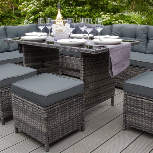 Rattan Corner Dining Set Outdoor Garden Furniture Grey 9-Seater L Shape Sofa Stools Tempered Glass Table UV Protected Waterproof Grey Seat Back Cushions Patio Conservatory Lounge FREE Rain Cover
