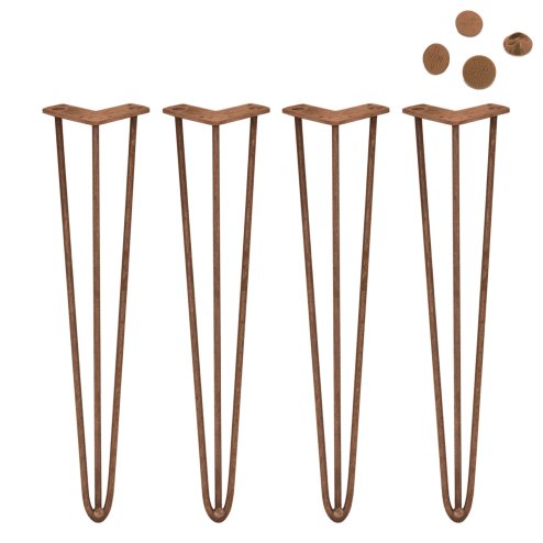 4Pcs Hairpin Table Legs DIY Furniture Industrial Upcycle Style Heavy-duty Sturdy Welded Metal Steel With FREE Screw Pack And Protector Feet Antique Copper 3 Prong Rods 28 Inch Height 10mm Thickness
