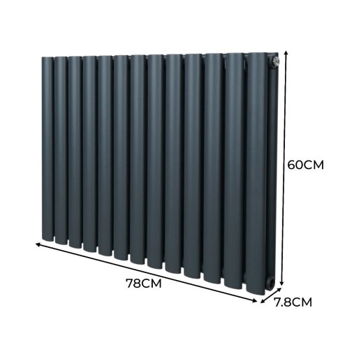 Oval Column Radiator 600mm x 780mm & TRV Chrome Valves Designer Double Panel Central Heating Heater Anthracite Grey Steel Horizontal Kitchen Living Room FREE Cleaning Brush Fixing Kit & Brackets