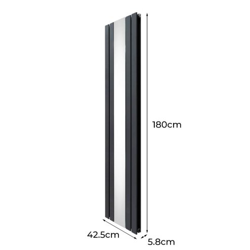 Flat Panel Radiator With Mirror 1800mm x 425mm Modern Designer Double Column Vertical Heater Matt Anthracite Grey Carbon Steel Wall Mounted Kitchen Living Room Cleaning Brush Fixing Kit & Brackets