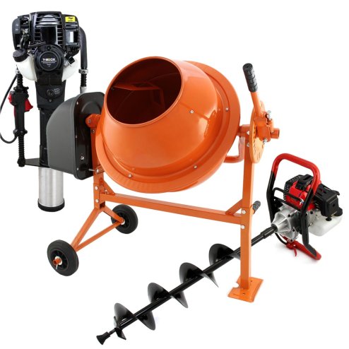 Earth Auger, Cement Mixer & 2 Stroke Post Driver Petrol Electric 70L Garden Drill Rammer Planting Fence Post Ground Hole Powerful Heavy-Duty Portable FREE Tool Kit, Protective Equipment & Carry Case