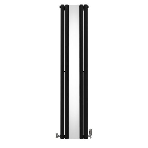 Oval Panel Radiator With Mirror 1800mm x 380mm & TRV Chrome Valves Designer Double Column Vertical Black Carbon Steel Wall Mounted Kitchen Living Room Cleaning Brush Fixing Kit & Brackets