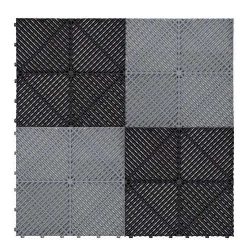 Vented Modular Interlocking Flooring Tiles 120 Black & 120 Grey With Edges & Hexagon LED Lighting 28 White Lights & Border 6500K 3 Mount Options & Suspended Ceiling Kit Single Garage Floor Mat 6m x 6m