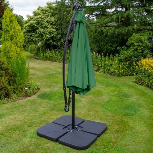 LED Cantilever Parasol 3m Green Banana Hanging Umbrella Garden Sun Shade Canopy Patio 360 Rotation Tilt UV Protection Winding Crank 24 Solar Powered Cool White Lights FREE Rain Cover & Square Base