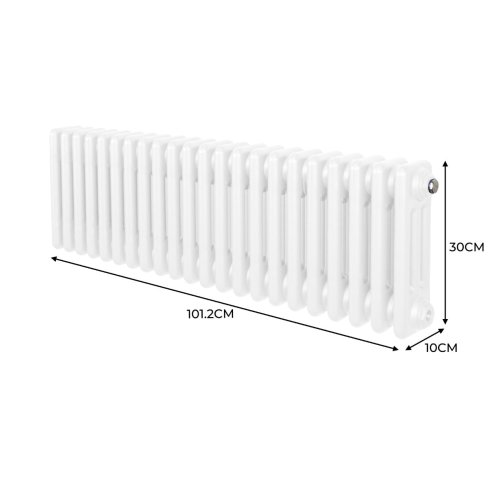 Traditional 3 Column Radiator 300mm x 1012mm Modern Central Heating Heater Gloss White Carbon Steel Horizontal Wall Mounted Kitchen Living Room Bathroom Cleaning Brush Fixing Kit & Brackets