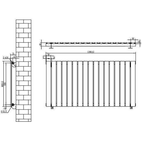 Flat Single Column Radiator - 600 x 1190mm - Black