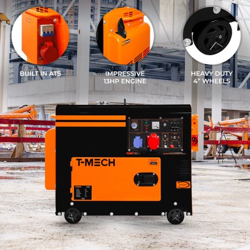 Silent Diesel Generator Three Phase ATS 6.5kVA 6500W 13HP 230V \ 400V Electric Start Closed Frame Emergency Power 4 Portable Wheels Black Powder Coated Steel 20L Fuel Capacity Tool Kit & Funnel