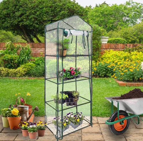 4 Tier Mini Greenhouse PVC Transparent Waterproof Cover Plastic Small Shelves Grow House Plants Garden Outdoors Steel Frame | Free Trowel