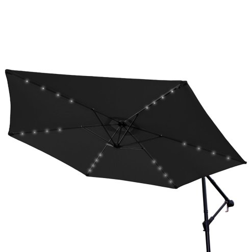 Grey LED Cantilever Parasol 3m Banana Hanging Umbrella Garden Sun Shade Canopy Patio 360 Rotation Tilt UV Protection Winding Crank 24 Solar Powered Cool White LED Lights Waterproof Rain Cover & Base