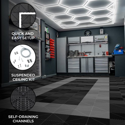 Vented Modular Interlocking Flooring Tiles 165 Black & 60 Grey With Edges & Hexagon LED Lighting 28 White Lights & Border 6500K 3 Mount Options & Suspended Ceiling Kit Single Garage Floor Mat 6m x 6m