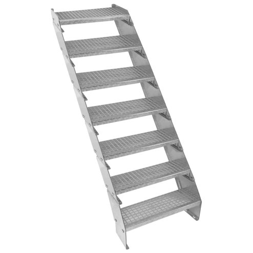 Metal Staircase 7 Section Adjustable Height 60cm / 600mm Wide Galvanised Steel Silver 7 Steps Weatherproof Grate Step Outdoor Garden Patio Modular Stairs 5mm Rod Thickness FREE Fixing Kit
