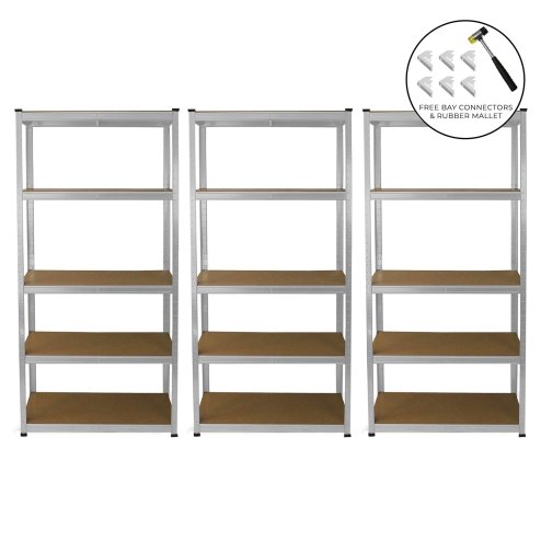 3 Garage Shelving Units 5 Tier Racking Storage Warehouse Bays Industrial Heavy Duty Boltless Galvanised Steel Shelves / FREE Rubber Mallet & Bay Connectors
