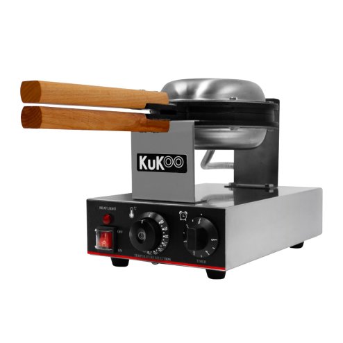 KuKoo Single Waffle Maker Machine Rotating Round Deep Fill Non-Stick Iron Plates Electric 1000W 50-250C Automatic Temperature 1-5 Minute Timer Commercial Stainless Steel Cool Touch Handle FREE Tongs