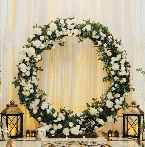 Wedding Moongate Gold Arch 2m/ 200cm  & Weeping Willow Light Up Tree Warm White LED Metal Flat Base Arbour Background Decor Flower Balloon Circle Hoop Frame Outdoor Backdrop  Decoration Prop