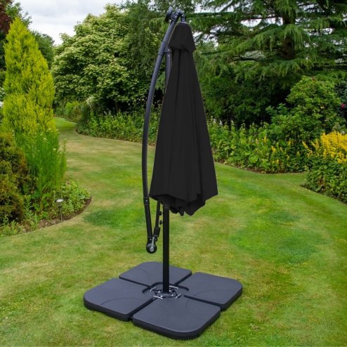 Black LED Cantilever Parasol 3m Banana Hanging Umbrella Garden Sun Shade Canopy Patio 360 Rotation Tilt UV Protection Winding Crank 24 Solar Powered Cool White LED Lights Waterproof Rain Cover & Base