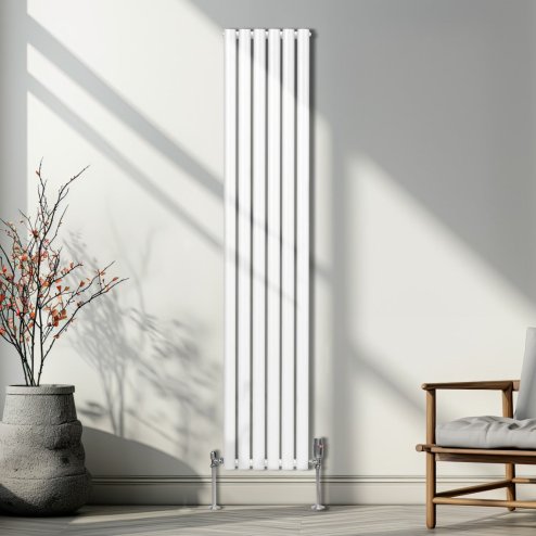 Oval Column Radiator 1800mm x 360mm Modern Designer Double Panel Central Heating Heater Matt White Carbon Steel Vertical Kitchen Living Room Bathroom FREE Cleaning Brush Fixing Kit & Brackets