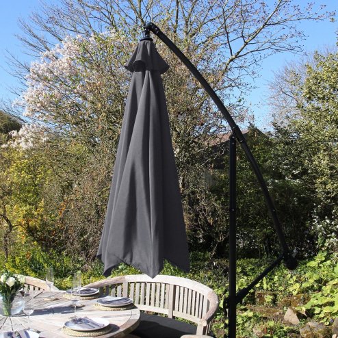3m Cantilever Garden Parasol Banana Hanging Umbrella Winding Crank Shade Patio Outdoor Sun Shade Tilt UV Protection | Grey
