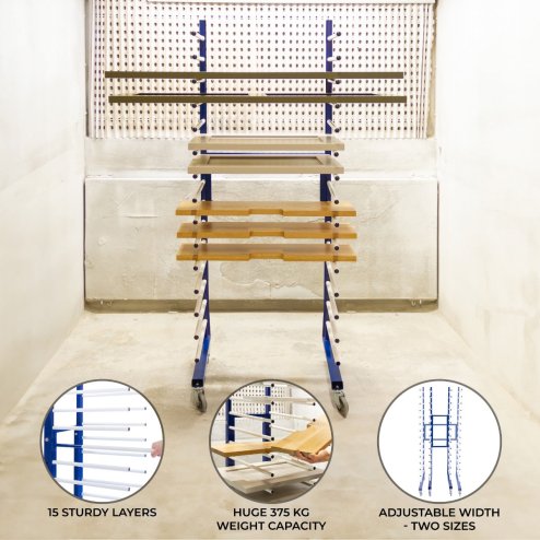 Combi Spray Drying Rack Blue Trolley Eco Paint Shop Woodworking Dry Storage 4 Heavy Duty 360 Degree Castors Mobile 15 Layers 25kg Per Layer 375kg Total Capacity Adjustable Width 182 H x 35/65 W x 59 D