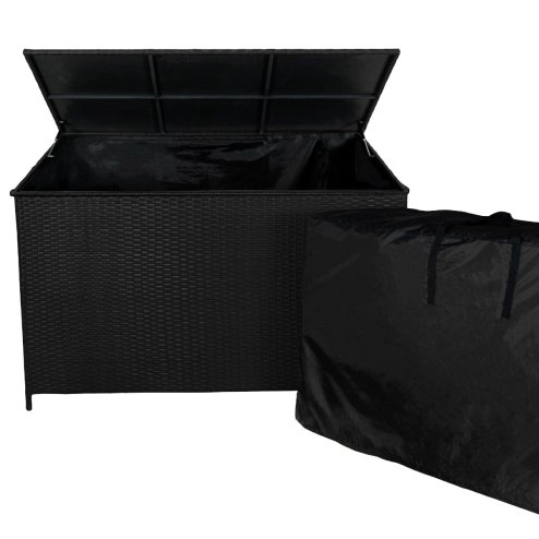Rattan Corner Dining Set & Garden Storage Box Black 9-Seater L Sofa Stools Glass Table Large Cushion Furniture Chest 582L Outdoor Patio Steel Frame UV Resistant FREE Waterproof Carry Bag & Rain Cover