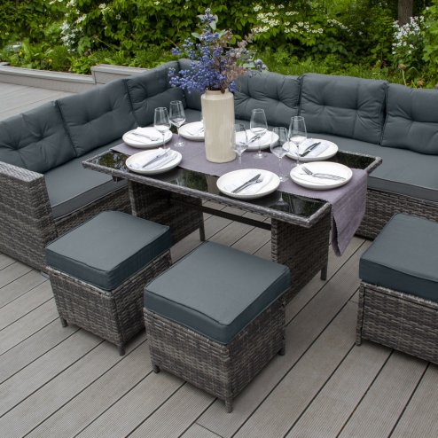Rattan Corner Dining Set Outdoor Garden Furniture Grey 9-Seater L Shape Sofa Stools Tempered Glass Table UV Protected Waterproof Grey Seat Back Cushions Patio Conservatory Lounge FREE Rain Cover