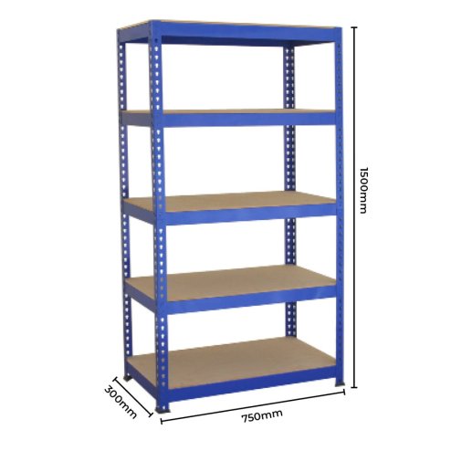 2 x Blue Racking Bay Unit 5 Tier Heavy Duty Steel Metal 150kg capacity Per Shelf Garage Shelves Storage Warehouse Shed Workshop Boltless Shelving 75cm x 150cm x 30cm
