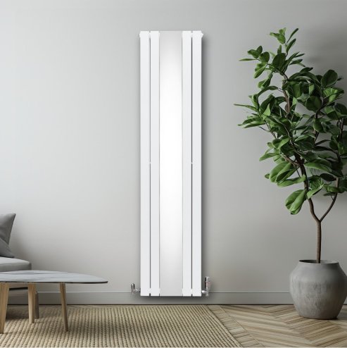 Flat Panel Radiator With Mirror 1800mm x 425mm & TRV Chrome Valves Designer Double Column Vertical White Carbon Steel Wall Mounted Kitchen Living Room Cleaning Brush Fixing Kit & Brackets