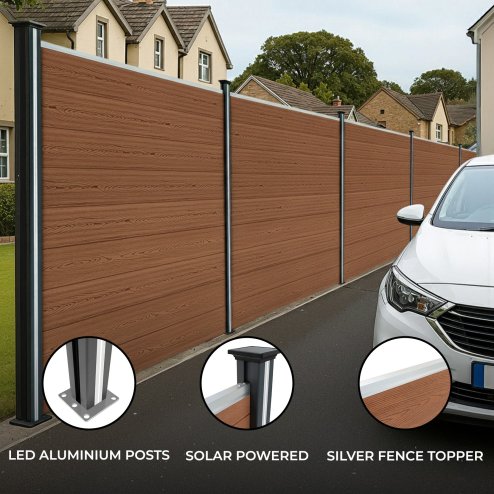 Composite Fence Panels, Angled Piece & LED Posts 6ft x 25ft - Brown