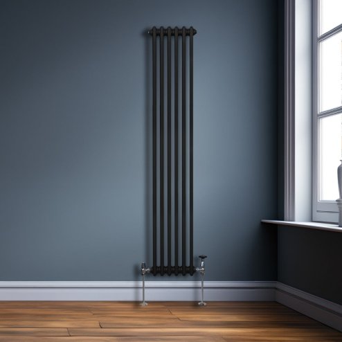Traditional 2 Column Radiator 1800mm x 292mm Modern Central Heating Heater Matt Black Carbon Steel Vertical Wall Mounted Kitchen Living Room Bathroom Cleaning Brush Fixing Kit & Brackets