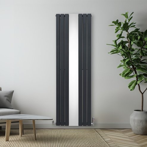 Flat Panel Radiator With Mirror 1800mm x 565mm Modern Designer Double Column Vertical Heater Matt Anthracite Grey Carbon Steel Wall Mounted Kitchen Living Room Cleaning Brush Fixing Kit & Brackets