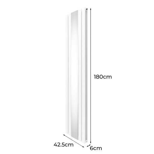 Flat Panel Radiator With Mirror 1800mm x 425mm & TRV Chrome Valves Designer Double Column Vertical White Carbon Steel Wall Mounted Kitchen Living Room Cleaning Brush Fixing Kit & Brackets