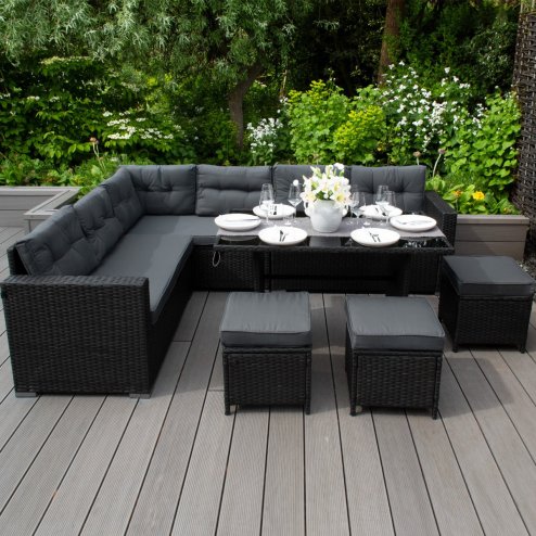 Rattan Corner Dining Set & Garden Storage Box Black 9-Seater L Sofa Stools Glass Table Large Cushion Furniture Chest 582L Outdoor Patio Steel Frame UV Resistant FREE Waterproof Carry Bag & Rain Cover