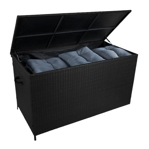 Rattan Garden Storage Black Box & Waterproof Carry Bag Large Cushion Blanket Tools Toys Furniture Chest 582L Outdoor Patio Deck Steel Frame UV & Weather Resistant Gas Assisted Lift Lid Portable Wheels