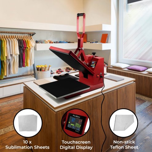 Heat Press Digital Transfer Machine Sublimation Printer 38 x 38cm Flat Clam Teflon Sheet Touchscreen Display Adjustable Pressure Ink Vinyl 250C DIY Professional T-shirt Business 10 Sublimation Sheets
