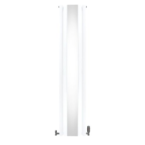 Oval Panel Radiator With Mirror 1800mm x 380mm & TRV Chrome Valves Designer Double Column Vertical White Carbon Steel Wall Mounted Kitchen Living Room Cleaning Brush Fixing Kit & Brackets