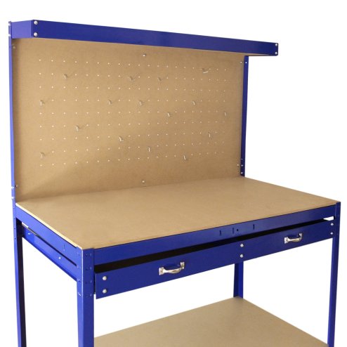 Workshop Workbench With Pegboard And Drawer Heavy-Duty Garage Metal Tool Storage Worktop Shelf Station Shelving Unit FREE 40 x Hooks DIY Steel Industrial Work-table Blue