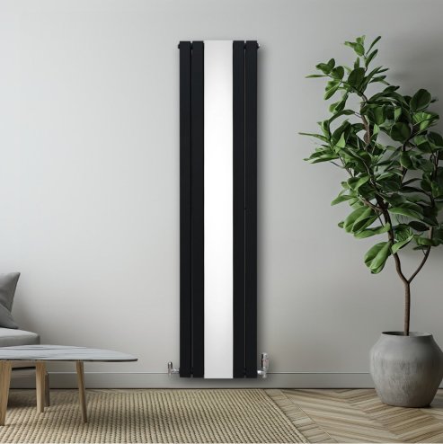 Flat Panel Radiator With Mirror 1800mm x 425mm & TRV Chrome Valves Designer Double Column Vertical Black Carbon Steel Wall Mounted Kitchen Living Room Cleaning Brush Fixing Kit & Brackets