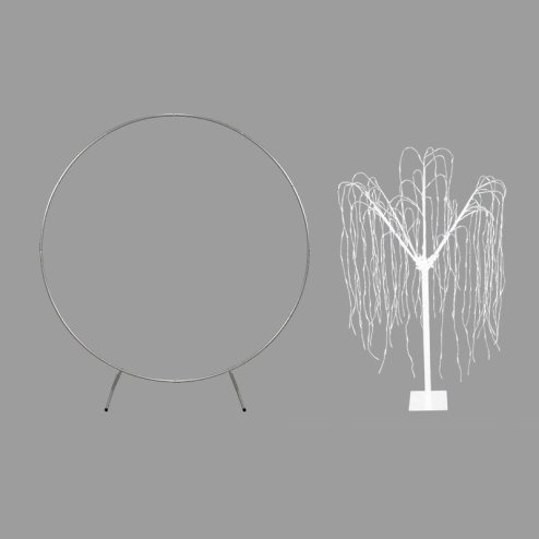 Wedding Moongate Silver Arch 2m/ 200cm  & Weeping Willow Light Up Tree Warm White LED Metal Flat Base Arbour Background Decor Flower Balloon Circle Hoop Frame Outdoor Backdrop  Decoration Prop