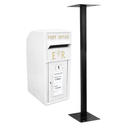 Royal Mail Post Box with Floor Stand ER Cast Iron Wall Mounted Wedding Authentic Pillar Replica Lockable Post Office Letter Box White